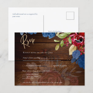Landelijke Burgundy Blauwe Bloemige Trouw-RSVP Briefkaart