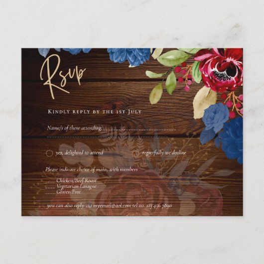 Landelijke Burgundy Blauwe Bloemige Trouw-RSVP Briefkaart (Voorkant)