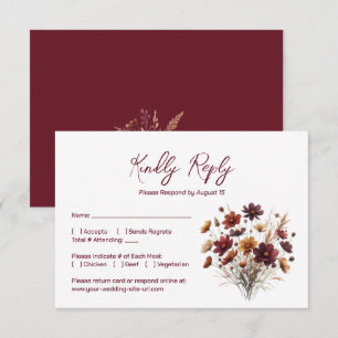 Landelijke Burgundy Boho Chic Wilde Bloemen Trouwd RSVP Kaartje