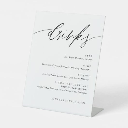 Landelijke Calligrafie Bruiloftsdranken Menu Reclamebord Met Voetstuk (Voorkant)