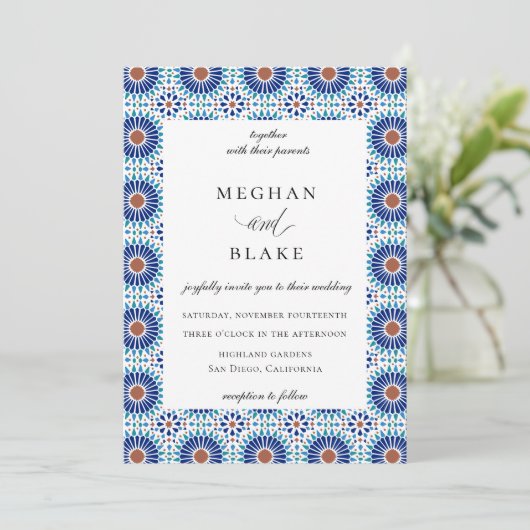 Landelijke chic geometrische Spaanse tegel bruilof Kaart (Staand voorkant)