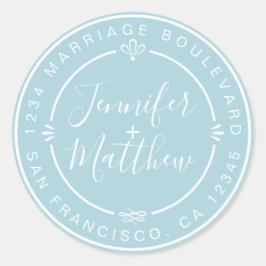 Landelijke chic huwelijksmonogram retouradres blau ronde sticker