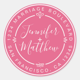 Landelijke chique trouwmonogram retouradres roze ronde sticker
