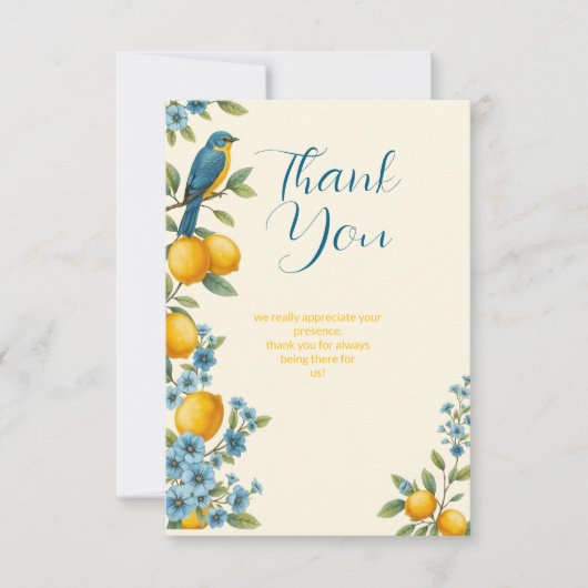 Landelijke citroen en blauwe vogel bruids douche bedankkaart (Voorkant)