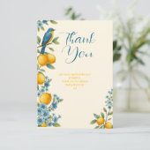 Landelijke citroen en blauwe vogel bruids douche bedankkaart (Staand voorkant)