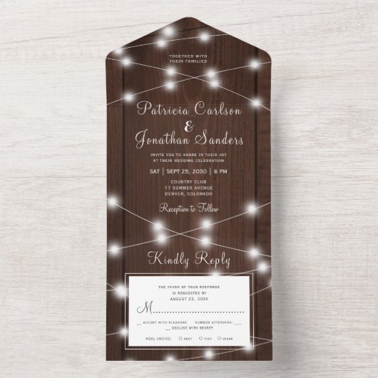 Landelijke country houten all-in-one bruiloft RSVP All In One Uitnodiging (Binnen)