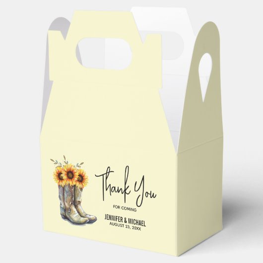 Landelijke cowboylaarzen met zonnebloemen bruiloft bedankdoosjes (Geopend)