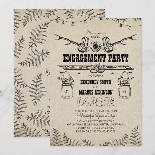 Landelijke cowboylaarzen voor verlovingsfeest kaart (Voorkant / Achterkant)