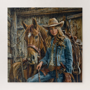 Landelijke Cowgirl in Denim met Paard Western Schu Legpuzzel
