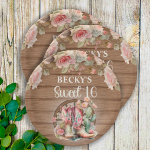 Landelijke Cowgirl Laarzen Roze Rozen Sweet 16 Papieren Bordje