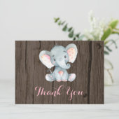 Landelijke Cute Olifant Baby Meisje Roze en Grijs Bedankkaart (Staand voorkant)