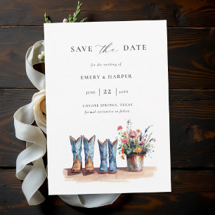 Landelijke denim laarzen wilde bloemen rustieke br save the date