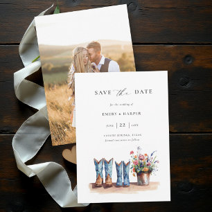 Landelijke denim wilde bloemen foto rustieke trouw save the date