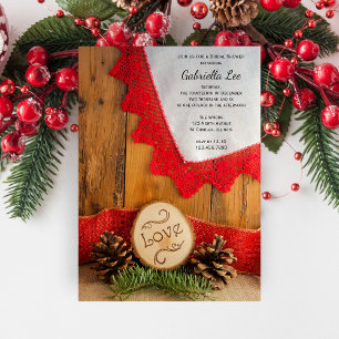 Landelijke dennen en rode kant Winter Bruidsdiner Kaart