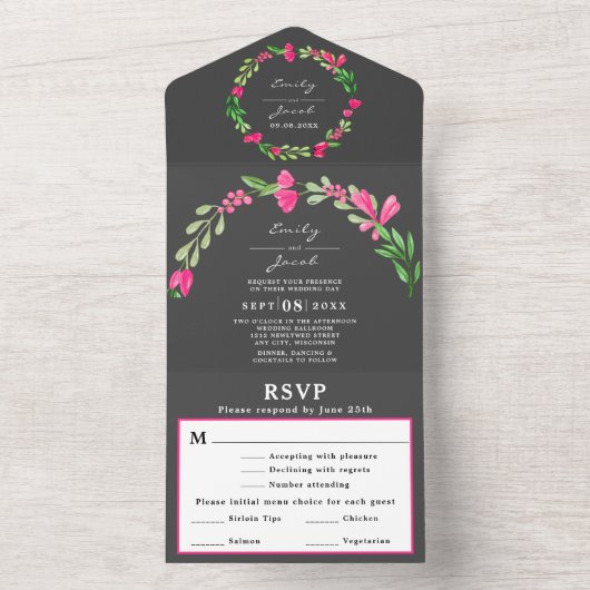 Landelijke donkergrijze roze bloem bruiloft RSVP All In One Uitnodiging (Binnen)