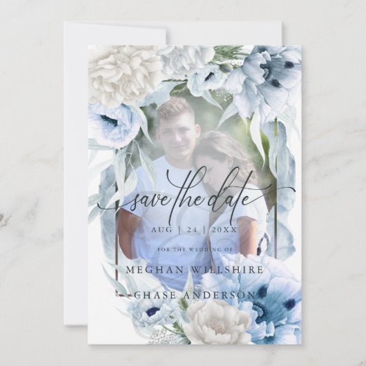 Landelijke Elegante Bloemige Waterverf Blauwe Bloe Save The Date (Voorkant)