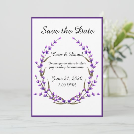 Landelijke Elegante Chic Paarse Bloemen Save the D Kaart (Staand voorkant)