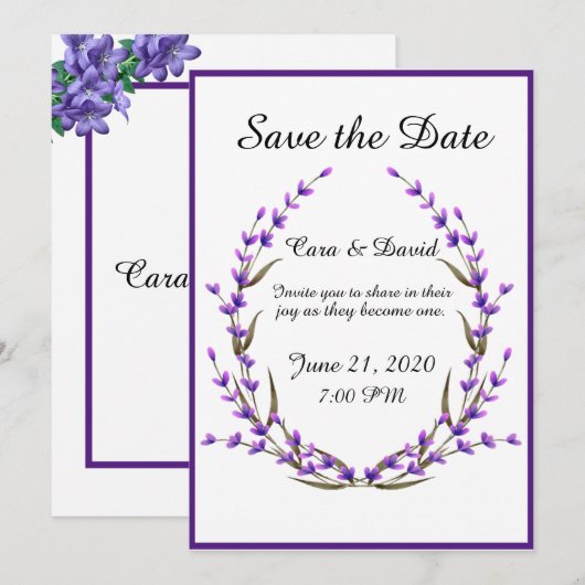 Landelijke Elegante Chic Paarse Bloemen Save the D Kaart (Voorkant / Achterkant)