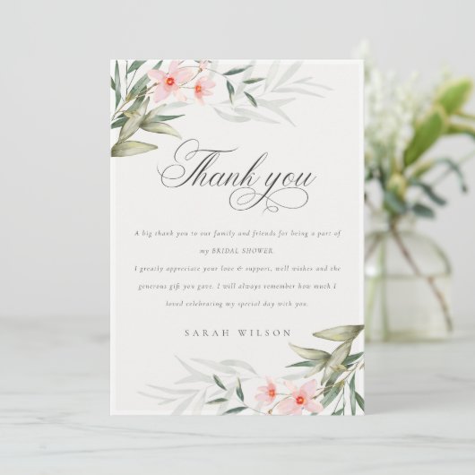 Landelijke Elegante Roze Groene Bloemrijke Bruidsd Bedankkaart (Staand voorkant)
