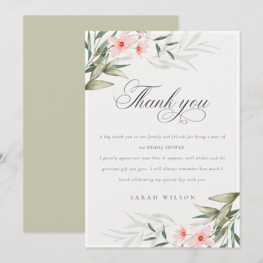 Landelijke Elegante Roze Groene Bloemrijke Bruidsd Bedankkaart (Voorkant / Achterkant)