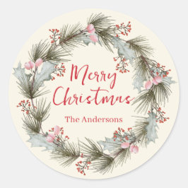 Landelijke Elegante Waterverf Kerstkrans Ronde Sticker