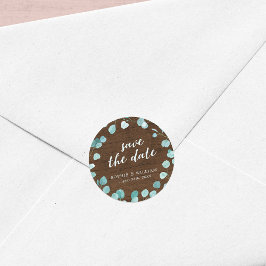 Landelijke Eucalyptus en Bruin Hout Save the Date Ronde Sticker