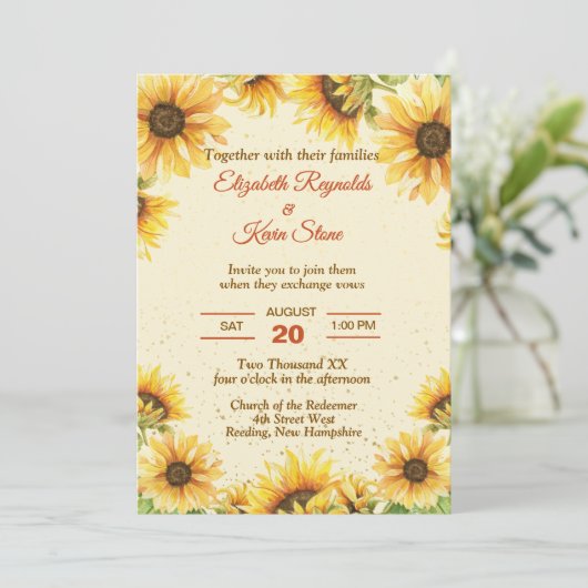 Landelijke Gele en Bruine Zonnebloem Bruiloft Kaart (Staand voorkant)