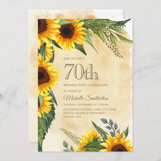 Landelijke Gele Zonnebloemen 70e Verjaardag Kaart (Voorkant / Achterkant)