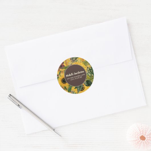 Landelijke Gele Zonnebloemen Adres Ronde Sticker (Envelop)