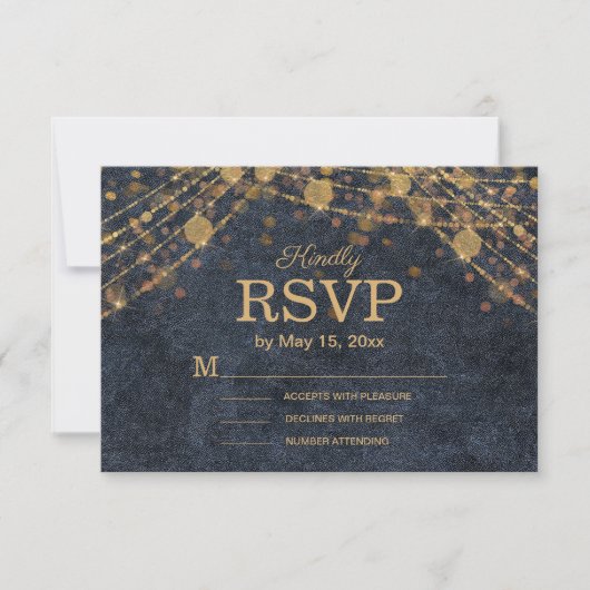 Landelijke Glamour Navyblauw Gouden Trouwfeest RSVP Kaartje (Voorkant)