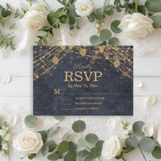 Landelijke Glamour Navyblauw Gouden Trouwfeest RSVP Kaartje