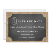 Landelijke glazen pot jute bruiloft SAVE THE DATE