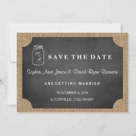 Landelijke glazen pot jute bruiloft SAVE THE DATE