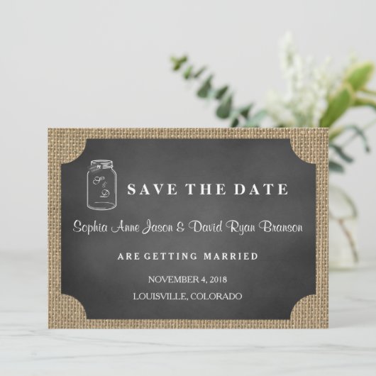 Landelijke glazen pot jute bruiloft SAVE THE DATE (Staand voorkant)