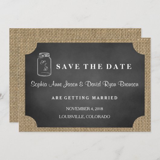 Landelijke glazen pot jute bruiloft SAVE THE DATE (Voorkant / Achterkant)