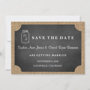 Landelijke glazen pot jute bruiloft SAVE THE DATE