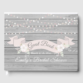 Landelijke grijze houten slingerlichten bruidsdouc gastenboek