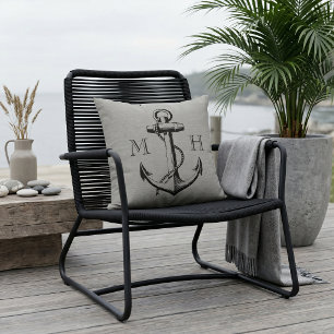 Landelijke grijze vintage anker trouw monogram kussen