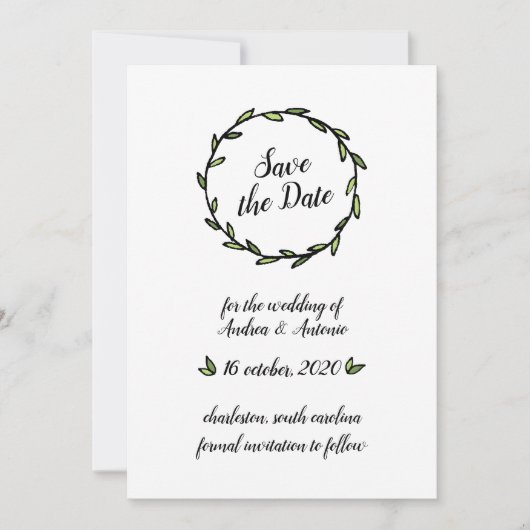 Landelijke groene bladerkrans save the date (Voorkant)