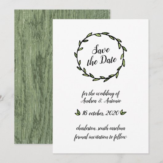 Landelijke groene bladkrans Save the Date (Voorkant / Achterkant)