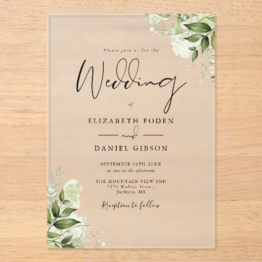 Landelijke groene bloemige elegante moderne trouw acryl uitnodigingen (Voorkant)