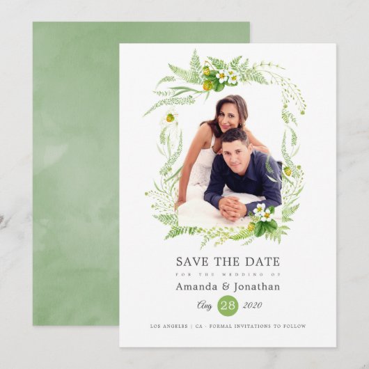 Landelijke groene foto bruiloft save the date (Voorkant / Achterkant)