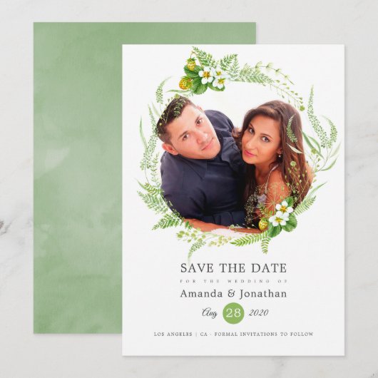 Landelijke groene foto bruiloft save the date (Voorkant / Achterkant)