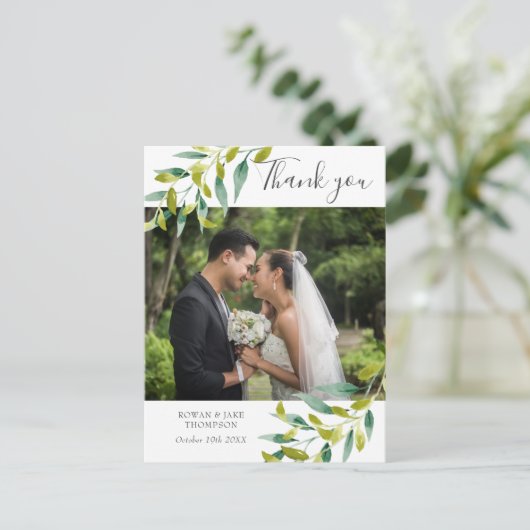 Landelijke groene huwelijksfoto dankjewel briefkaart (Staand voorkant)