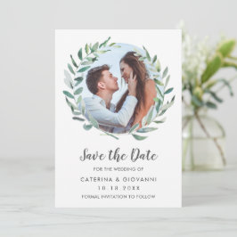 Landelijke groene krans foto elegante trouw save the date