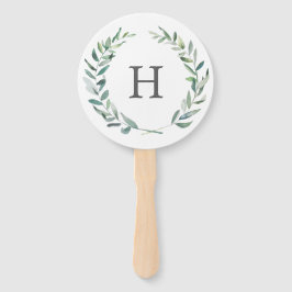 Landelijke groene krans monogram trouwprogramma handwaaier