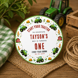 Landelijke Groene Tractor Boerderij Eerste Jaar Eé Ronde Sticker