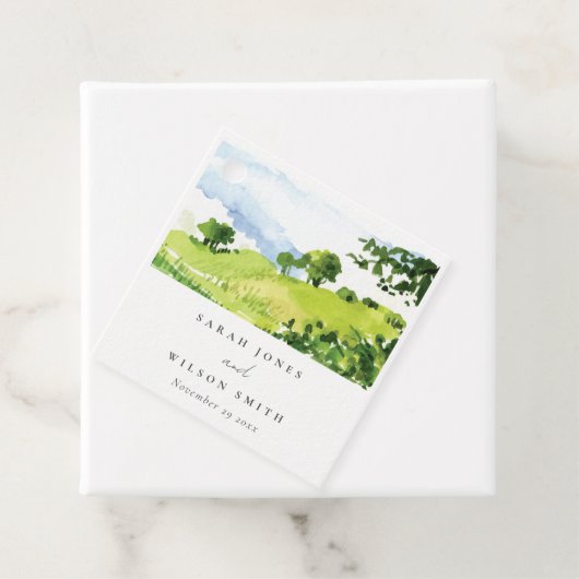 Landelijke groene waterverf heuvels bruiloft bedankjes labels (In situ)