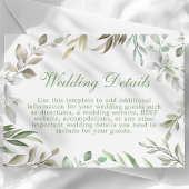Landelijke groene waterverfbladeren trouwdetails informatiekaartje