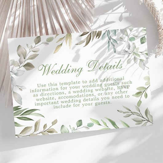 Landelijke groene waterverfbladeren trouwdetails informatiekaartje